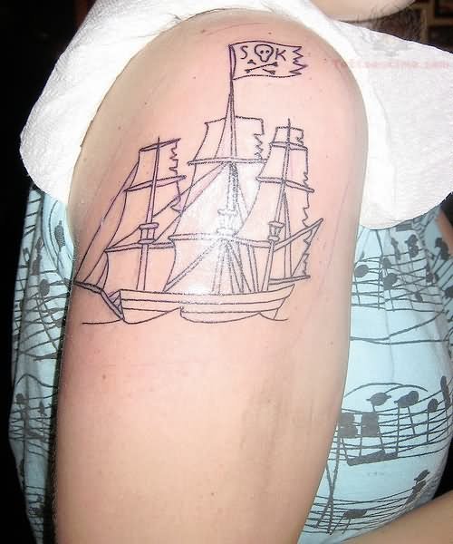 Jolly Roger Ship Tattoo On Shoulder